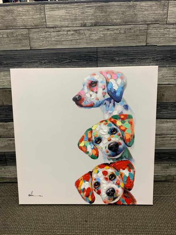 3 STACKED COLORFUL DOGS WALL CANVAS.