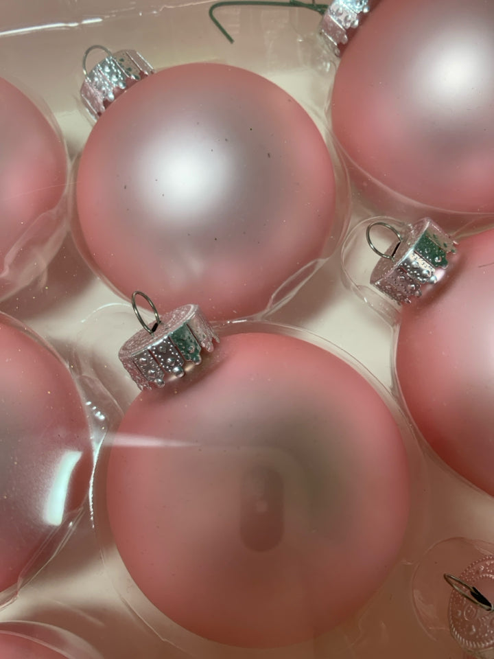 8 PINK BULB GLASS ORNAMENTS.
