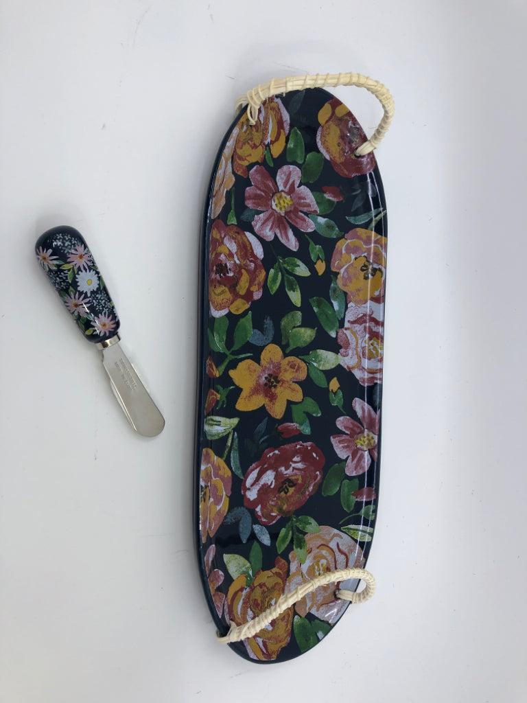 NAVY FLORAL CHEESE TRAY & SPREADER.