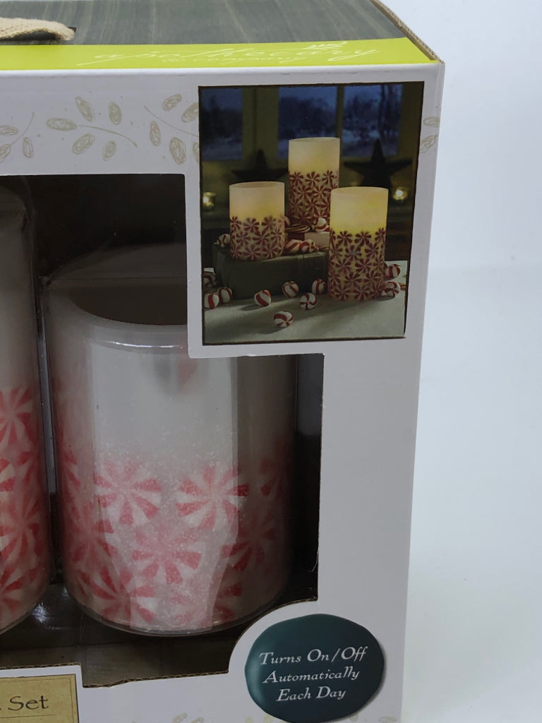 NIB 3PC LED PEPPERMINT CANDY CANDLE SET.