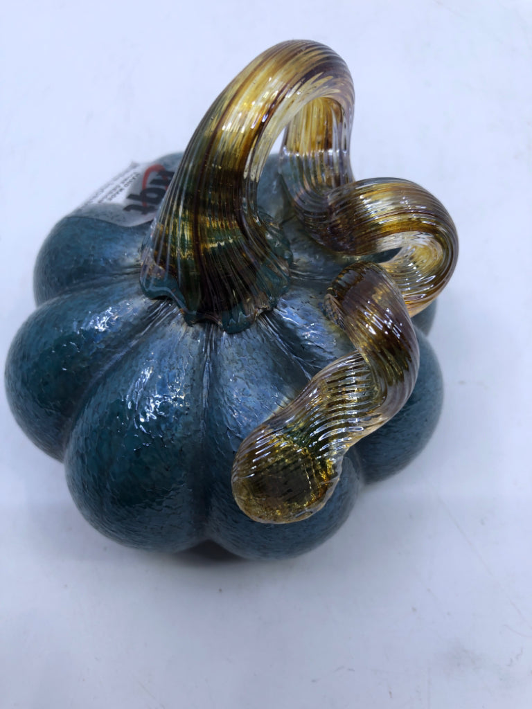 BLUE TEXTURED GLASS PUMPKIN.