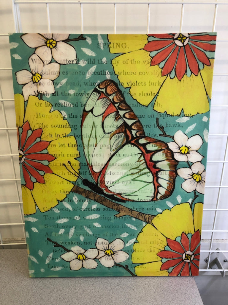 GREEN BUTTERFLY ON TEAL BACKGROUND, YELLOW FLOWERS.