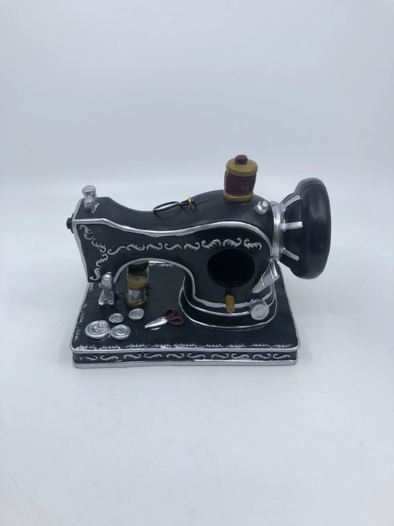 BLACK RESIN SEWING MACHINE DECORATIVE BIRD HOUSE.