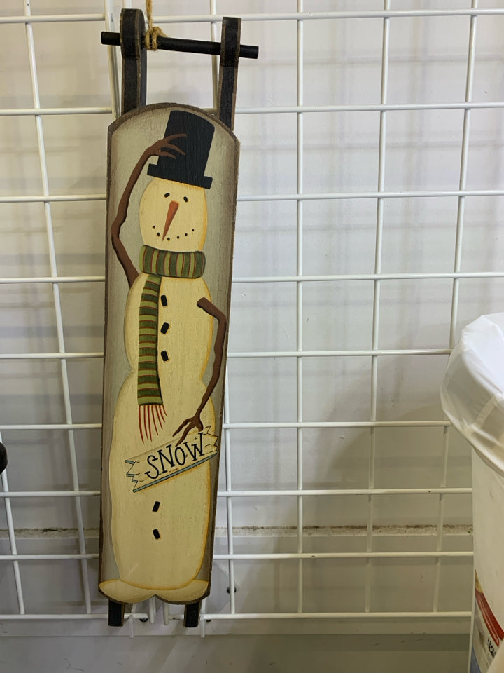 SNOWMAN ON SLED- PAINTED PRIMITIVE.