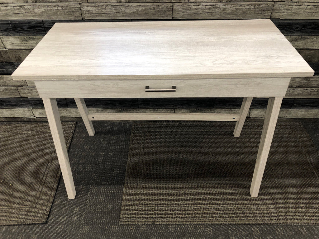 LIGHT GRAY WRITING DESK W/SINGLE DRAWER.