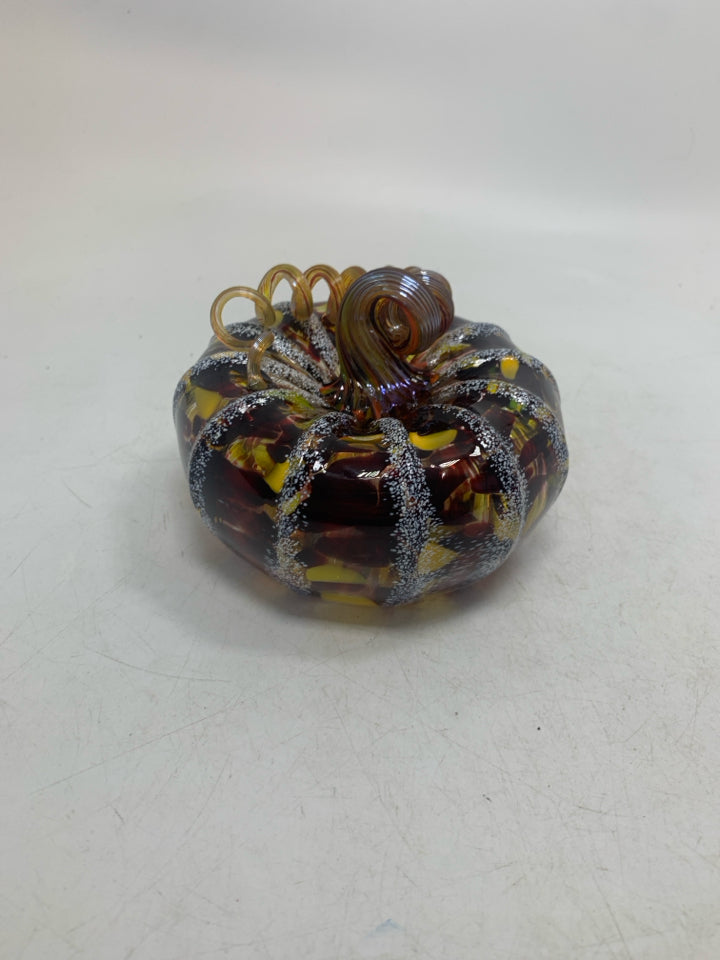 MULTI COLORED SQUISHED BLOWN GLASS PUMPKIN.