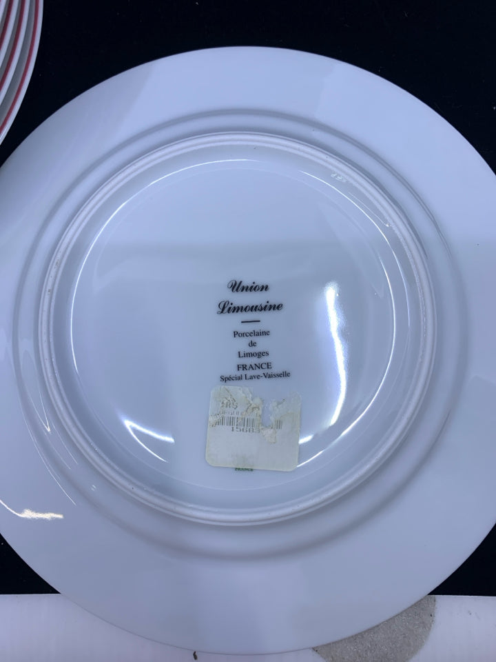 6 WHITE RED RIMMED LUNCH PLATES.