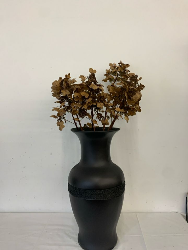 LARGE BLACK VASE W BROWN FAUX FLORAL.