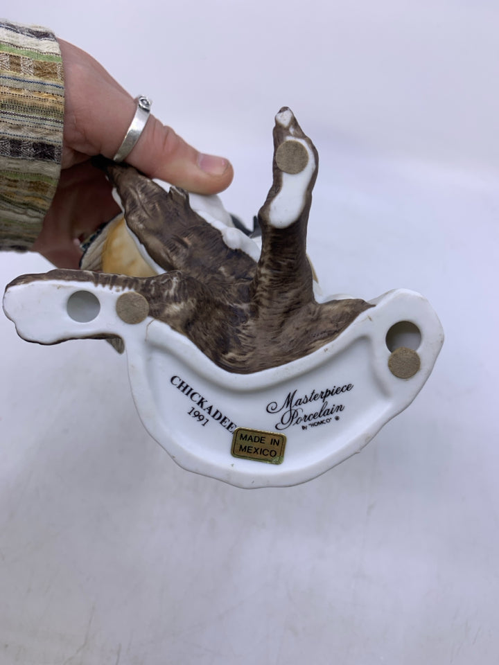 CERAMIC 2 CHICKADEES ON SNOWY BRANCH.