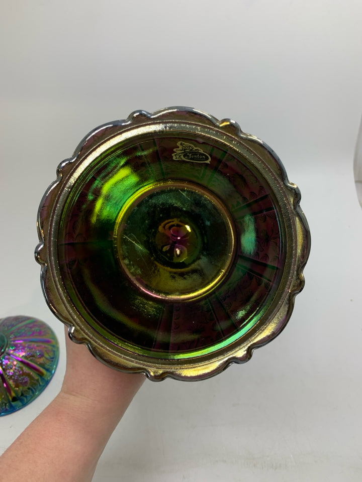 VTG FOOTED CARNIVAL GLASS COMPOTE PANELED DAISIES CANDY DISH W/ LID.