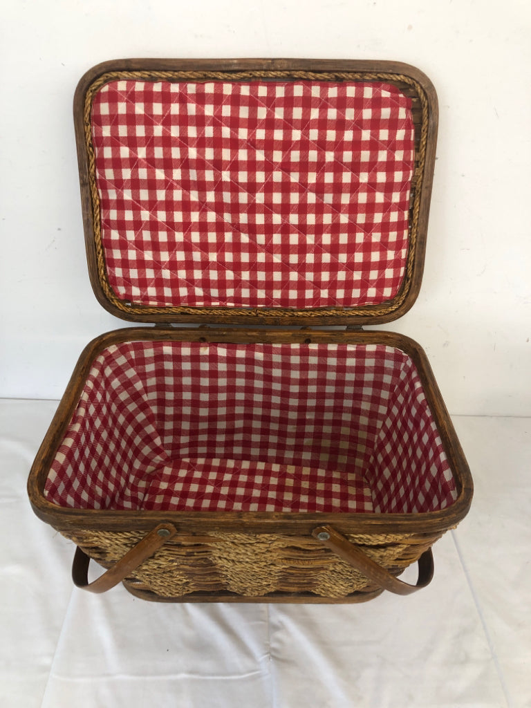 RED CHECK LINED PICNIC BASKET.