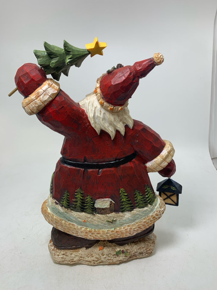 RESIN SANTA HOLDING LANTERN W/ BIRDS/BIRD HOUSES ON SUIT.