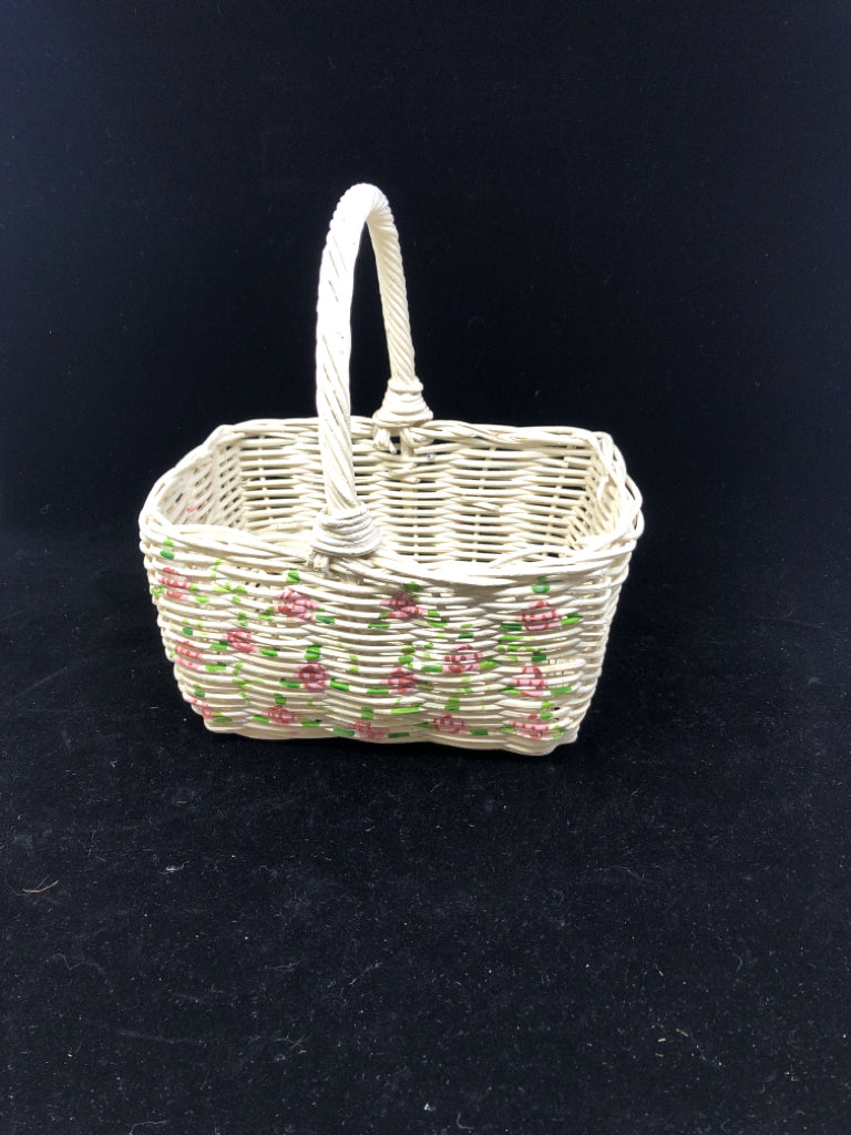 WHITE BASKET W PINK ROSES AND HANDLE.