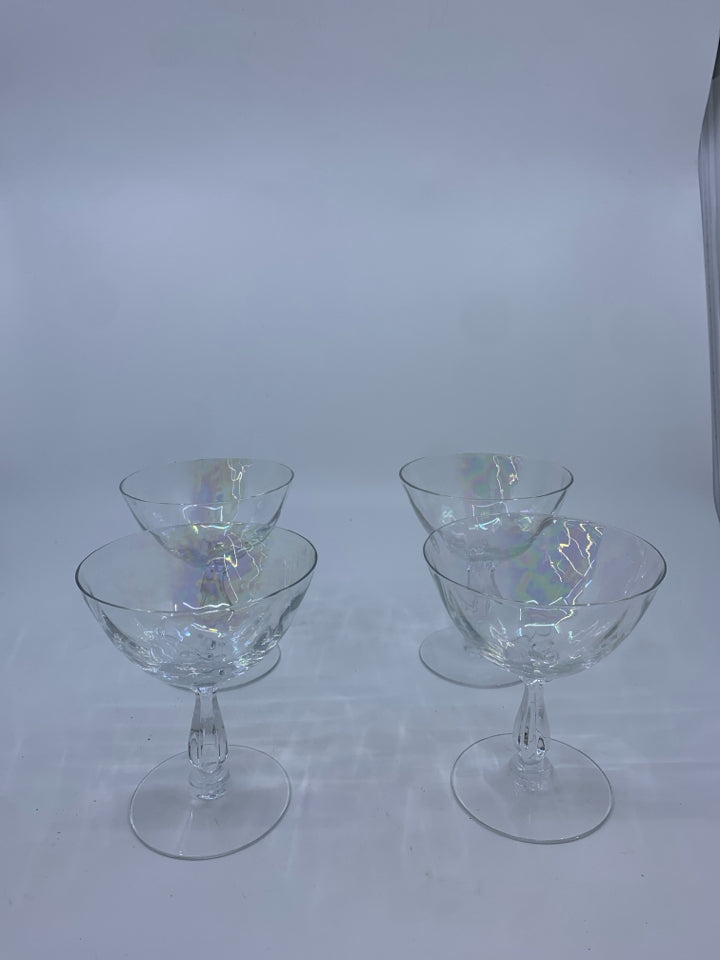4 PEARL IRIDESCENT LOOP OPTIC CHAMPAGNE COUPE GLASSES.