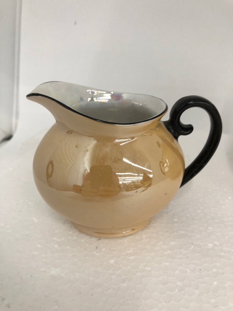 2 PC VTG PEACH IRIDESCENT SUG/CREAMER W/ BLACK HANDLES LAUREL CHINA.