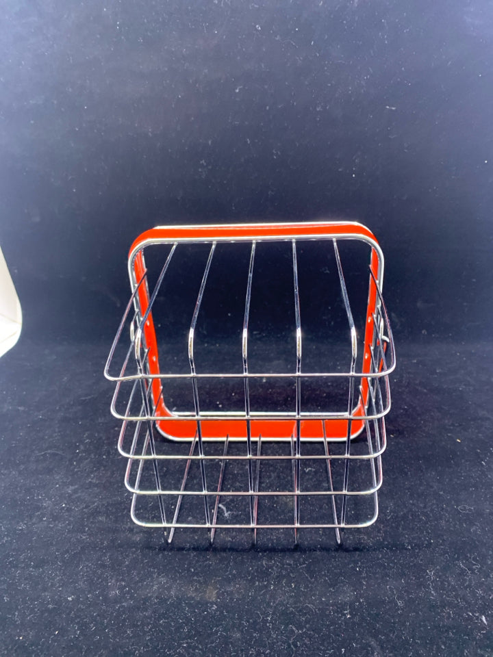 SILVER METAL SQUARE BASKET W/ORANGE STRIPE & HANDLE 6.