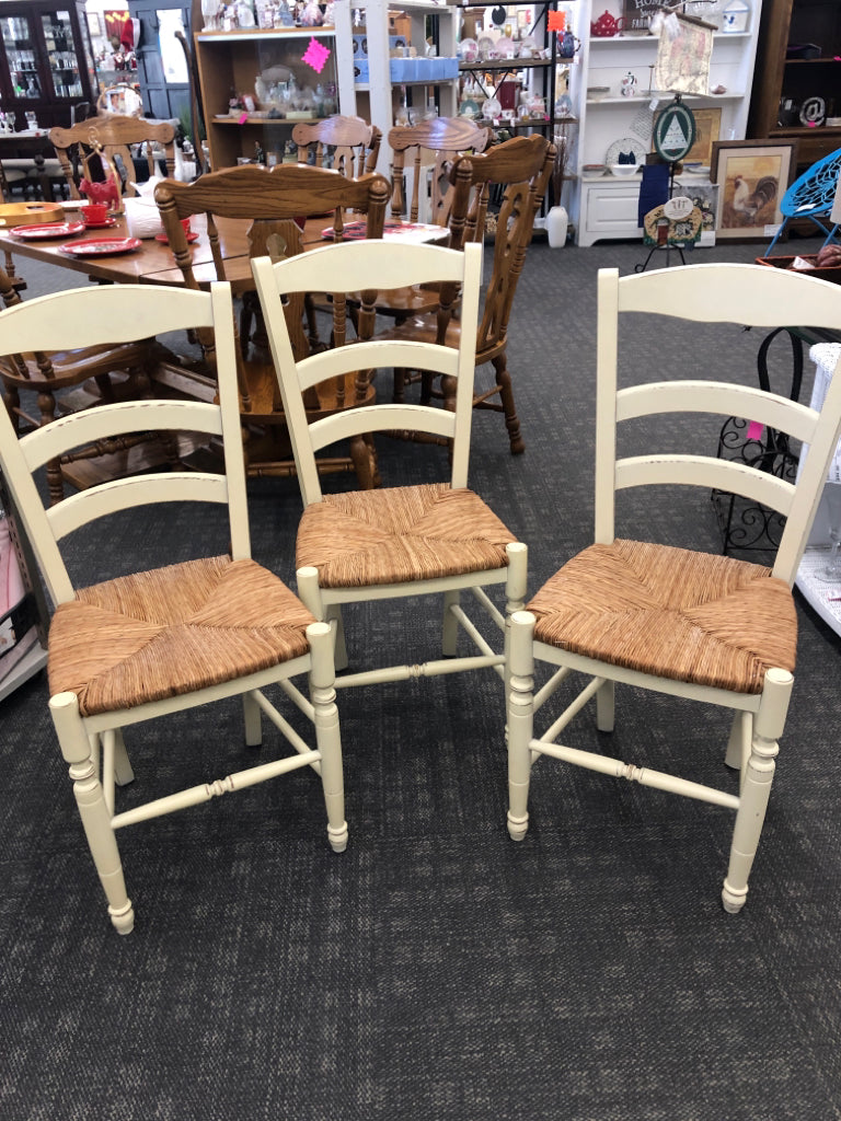 3 YELLOW DISTRESSED WICKER SEAT CHAIR.