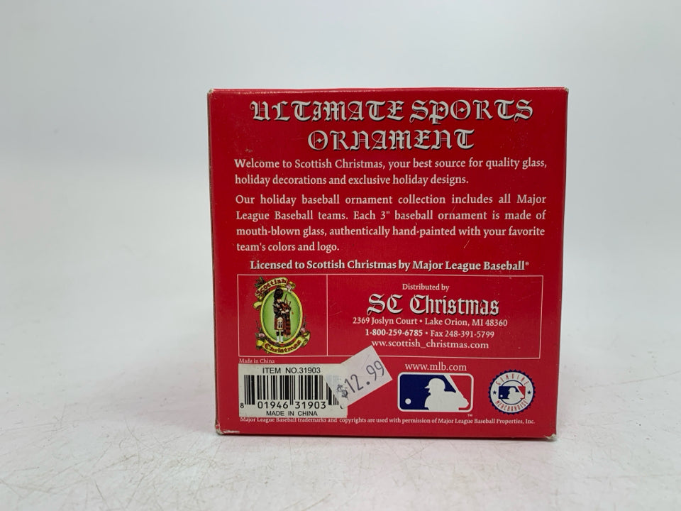 IN BOX SCOTTISH CHRISTMAS RED SOX BASEBALL ORNAMENT.