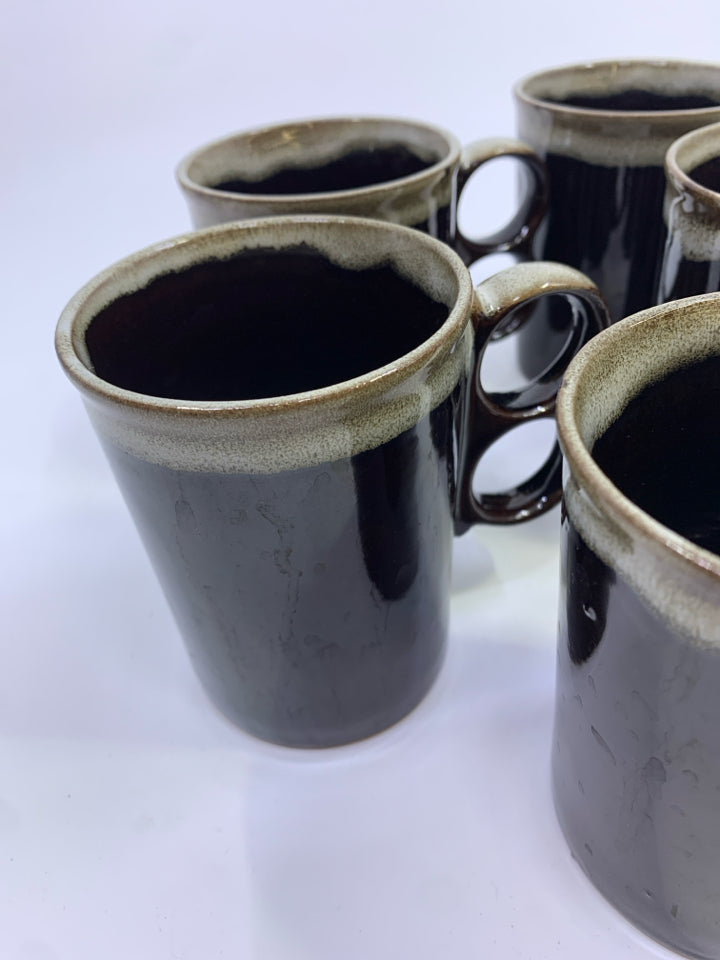 5 BROWN CERAMIC MUGS W/TWO HOLE HANDLE.