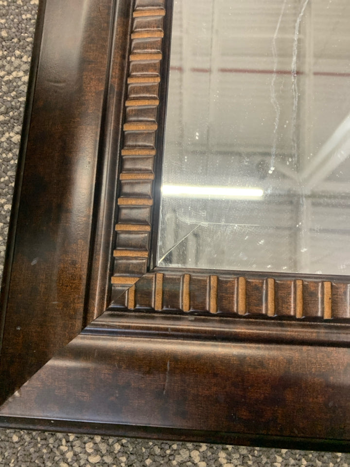 SQUARE DARK WOOD FRAMED MIRROR W RIBBED ACCENTS.