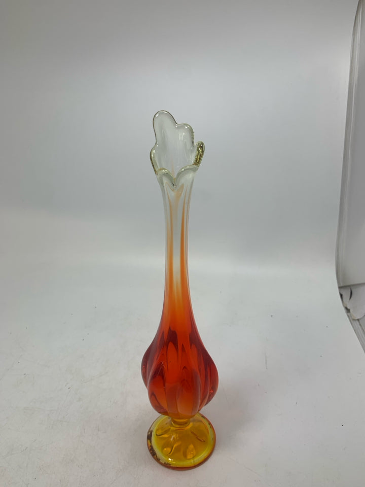 VTG VIKING ART GLASS AMBERINA FOOTED VASE.