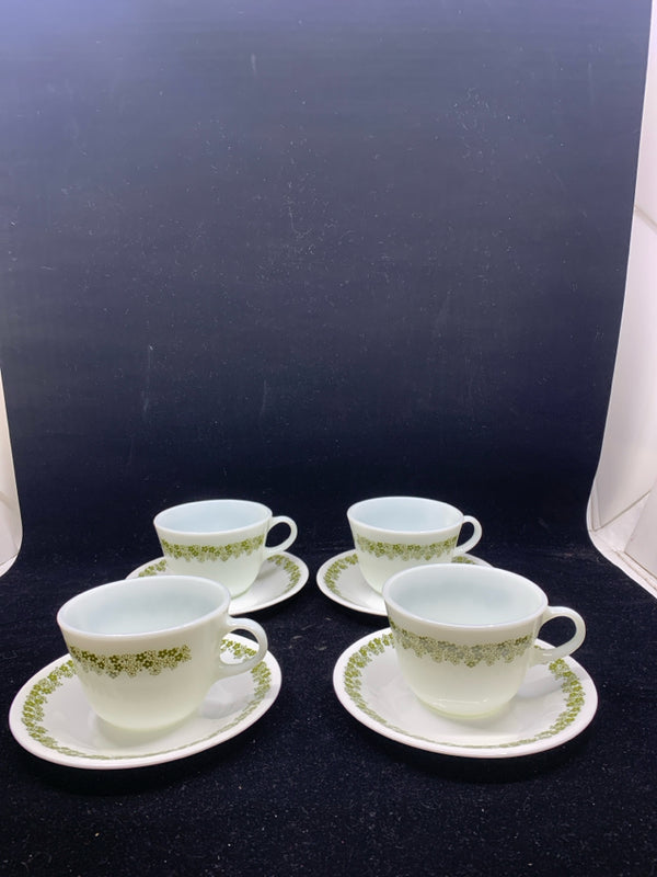 4 VTG PYREX GREEN FLORAL MUGS AND SAUCERS