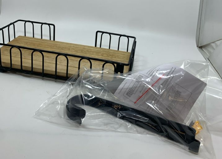 SM METAL & WOOD HANGING WALL SHELF W/BAG OF HARDWARE.