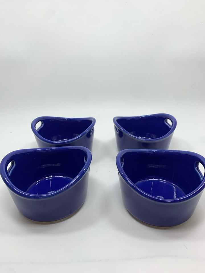 4 COBALT BLUE STONEWARE RAMEKIN W/HANDLES.