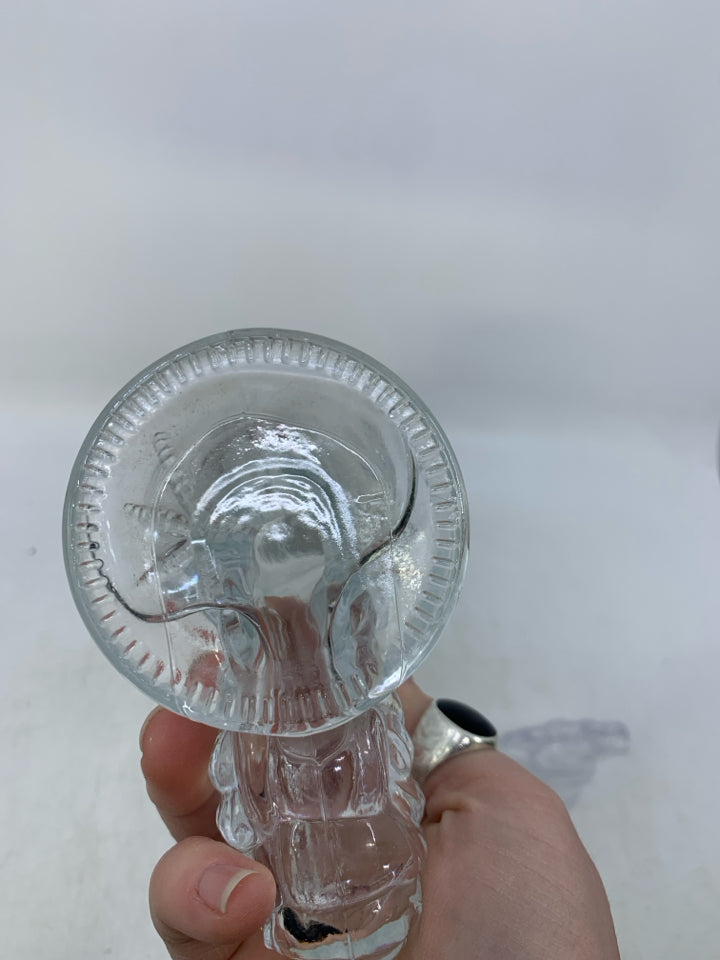 CLEAR GLASS ROOSTER DECANTER W/ PLASTIC HEAD.