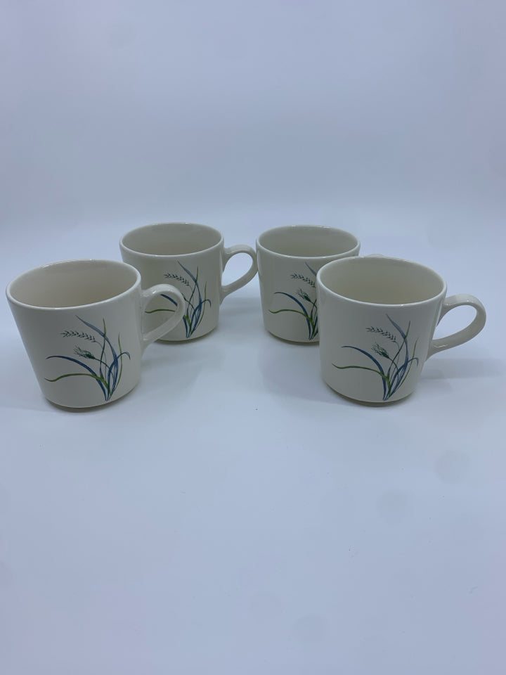 4 BLUE WHEAT CORELLE MUGS.