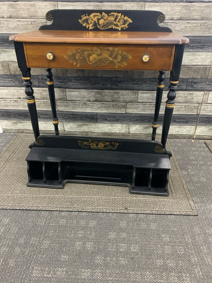 DESK WITH HUTCH 3 PC W/ DRAWER+DECORATIVE KNOBS WOOD TOP+BLACK LEGS.