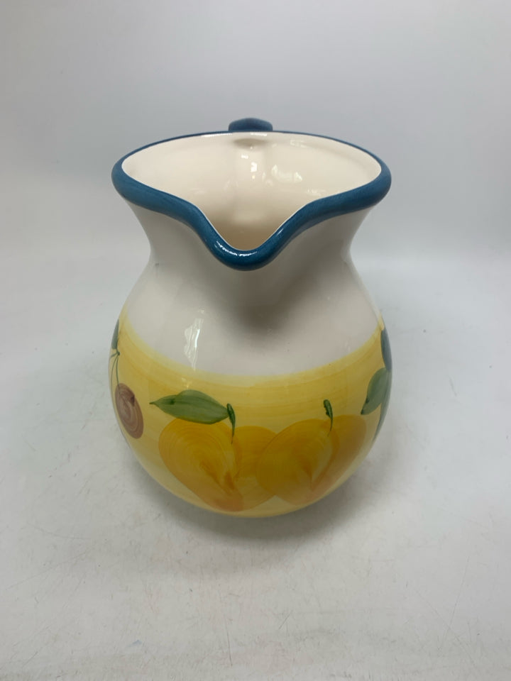 YELLOW BAND W/ GRAPES APPLES CERAMIC PITCHER MADE IN PORTUGAL.