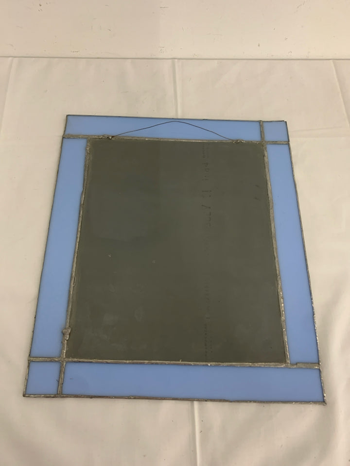 BLUE STAINED GLASS FRAMED MIRROR WALL HANGING.