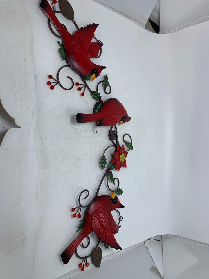 3 METAL CARDINALS W/ BRANCHES & BERRIES WALL HANGING.