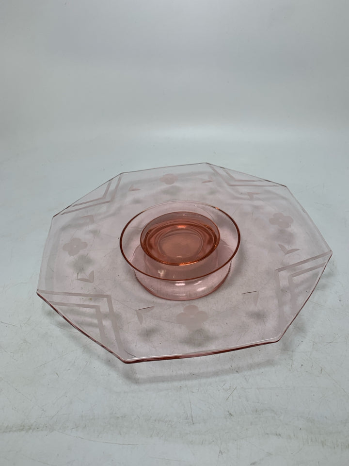 FOOTED PINK VTG GLASS W/ ETCHED FLOWERS.