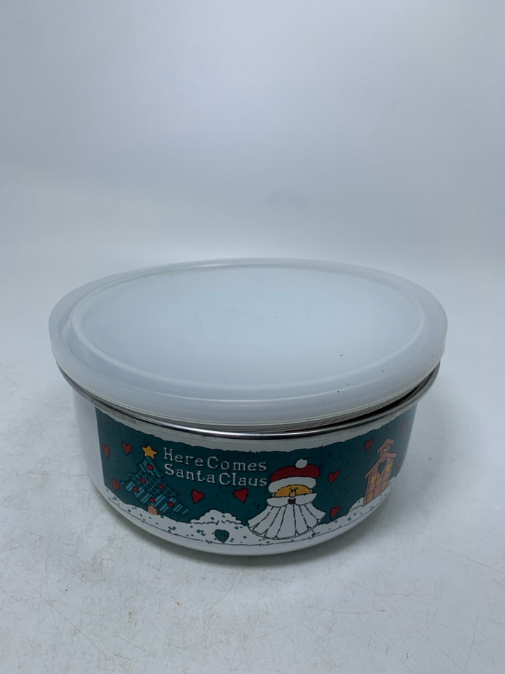 5 NESTING WHITE ENAMEL BOWLS W/ DIFFERENT CHRISTMAS SCENES & LIDS.