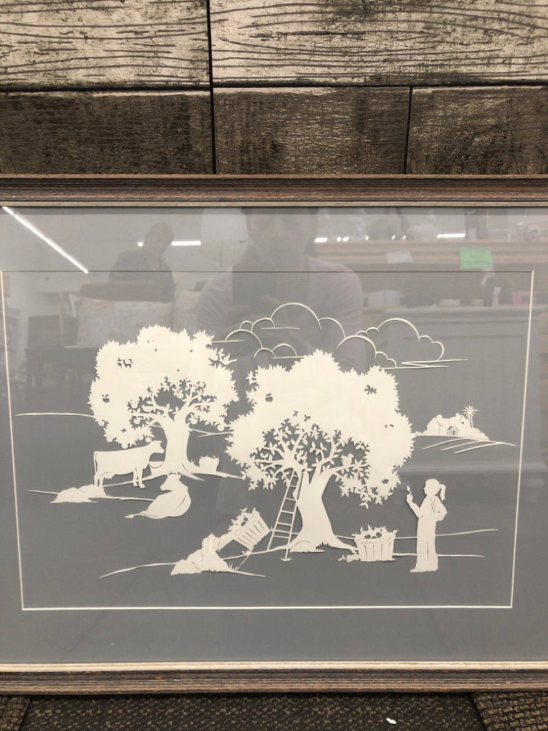 FARM SCENE CUTOUT IN GREY WASHED FRAME WALL ART.