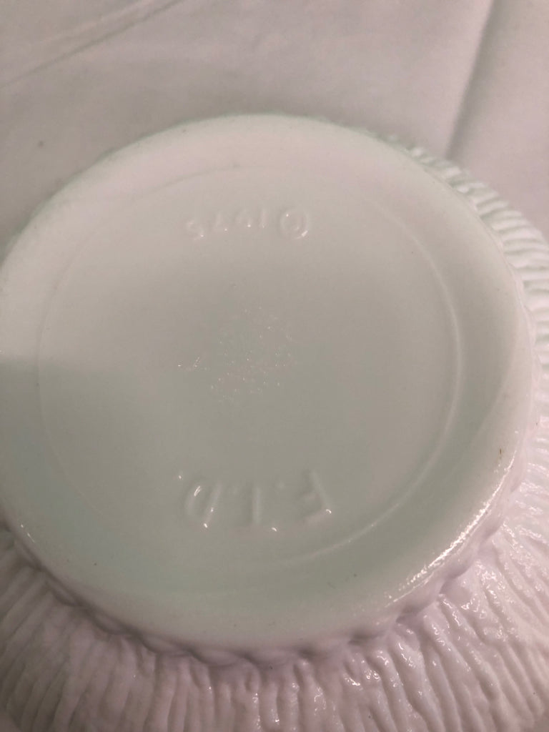 VTG TEXTURED FOOTED MILK GLASS DISH.