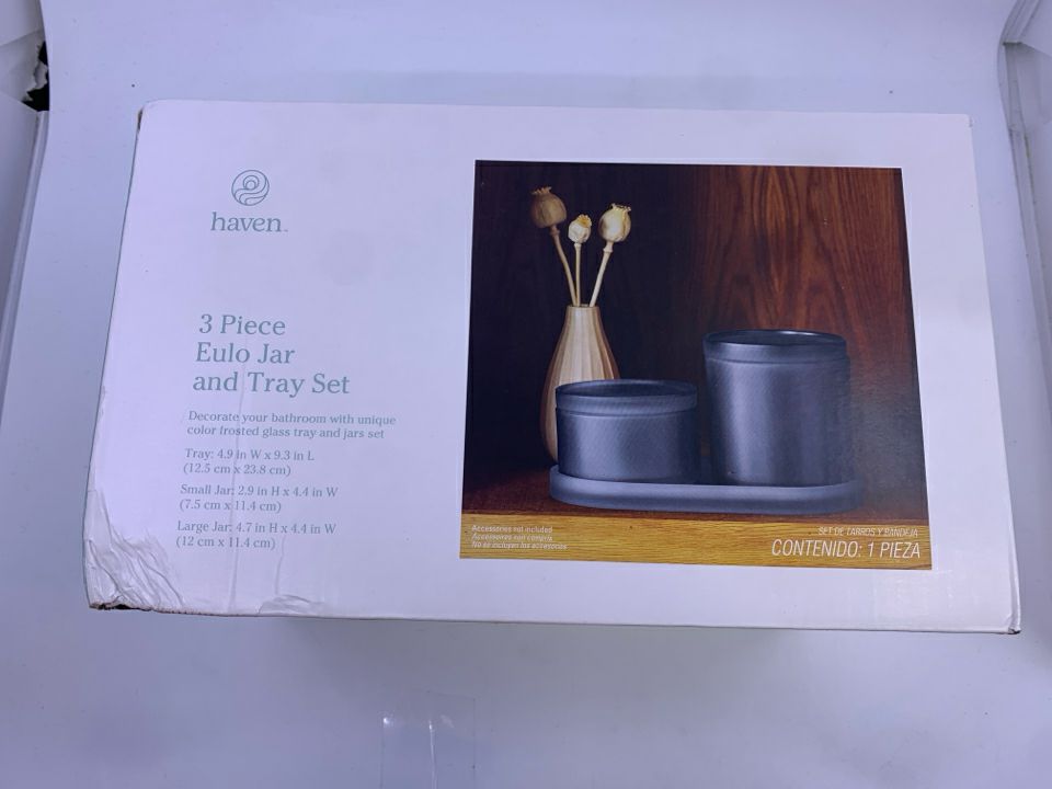 NIB 3PC BLACK FROSTED EULO JAR & TRAY SET.