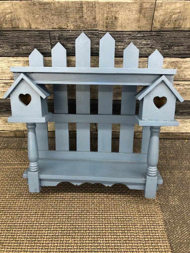 DARK BLUE FENCE POST SHELF W BIRD HOUSES.