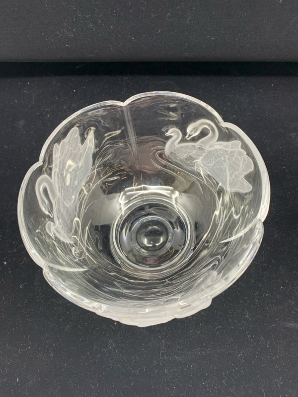 HEXAGON GLASS BOWL W EMBOSSED SWANS.