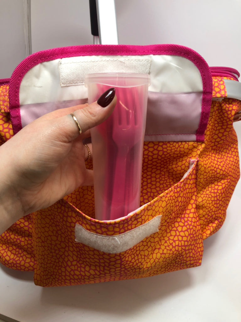 PINK & ORANGE INSULATED BAG W/SILVERWARE & NAPKINS.