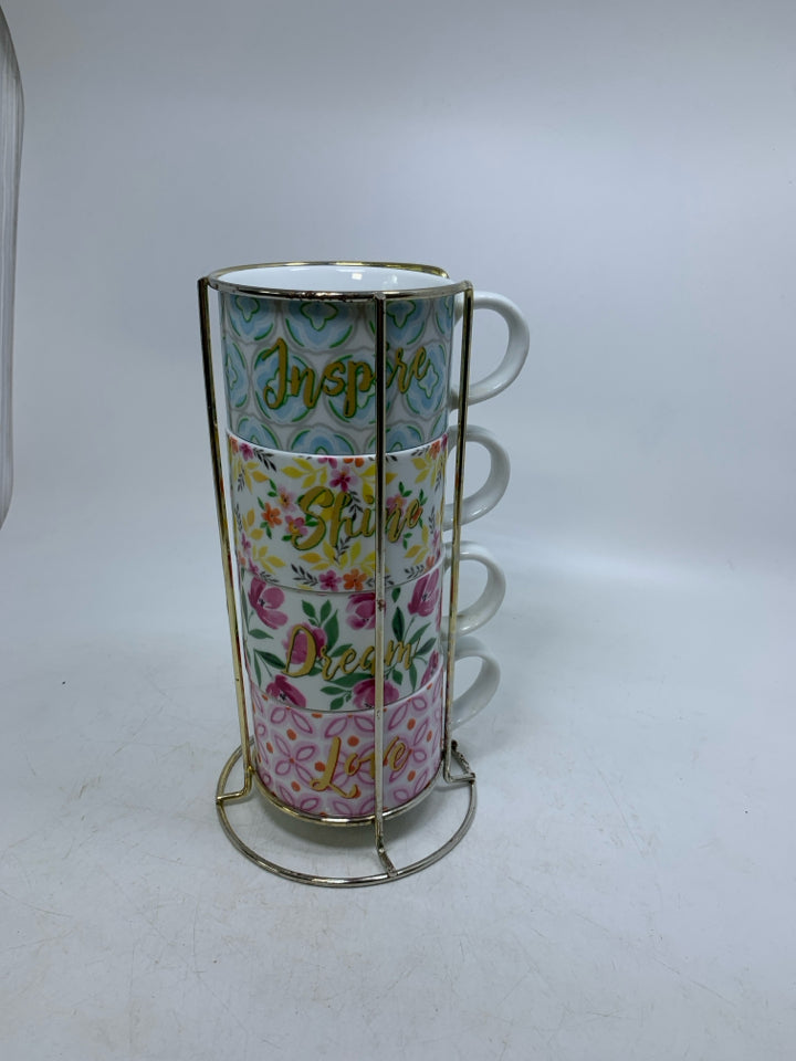 4 STACKING FLORAL W/ WORDS IN STAND.