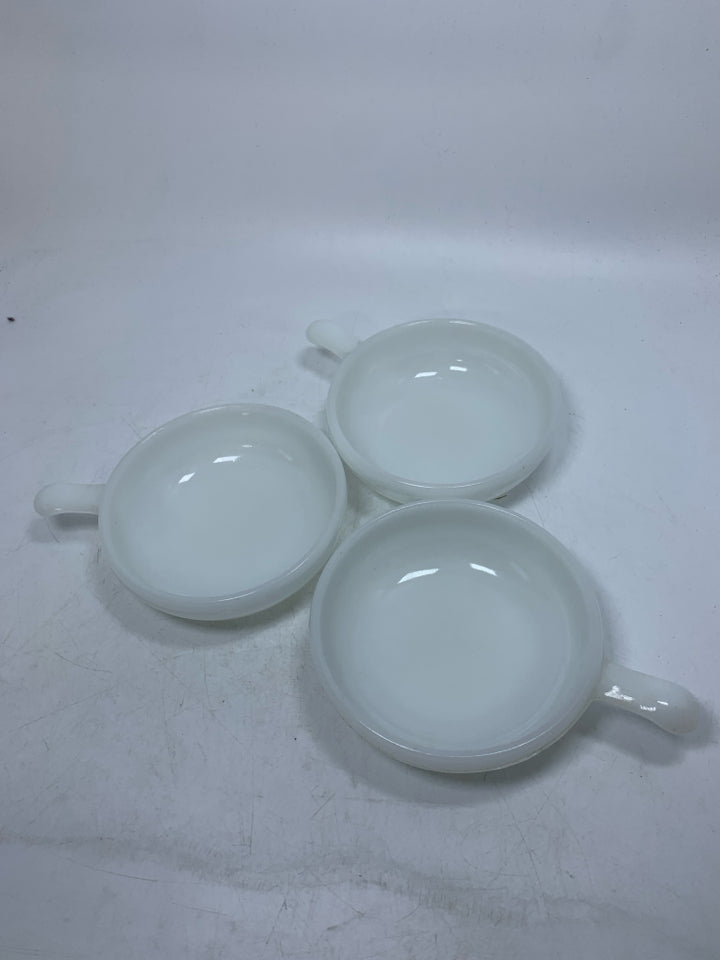 3 MILK GLASS SINGLE BAKERS W/ HANDLES.
