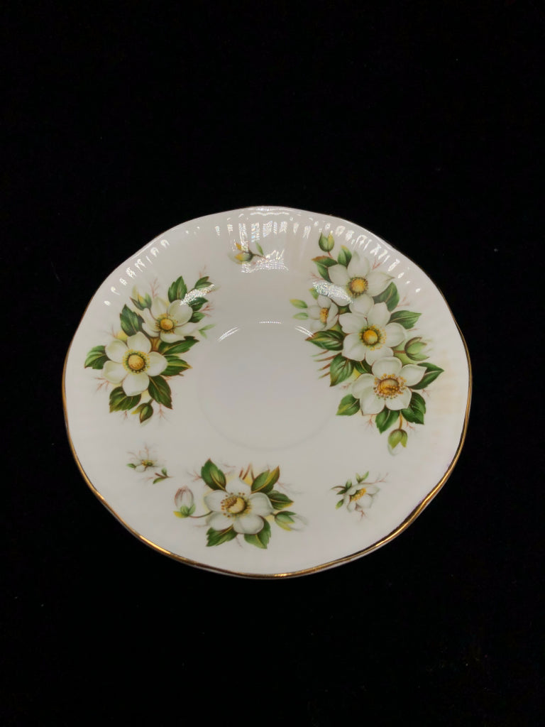 WHITE FLOWER TEA CUP & SAUCER - ROYAL DOVER.