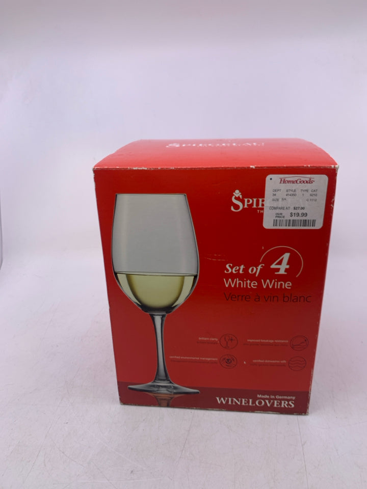 NIB 4 WHITE WINE GLASSES.