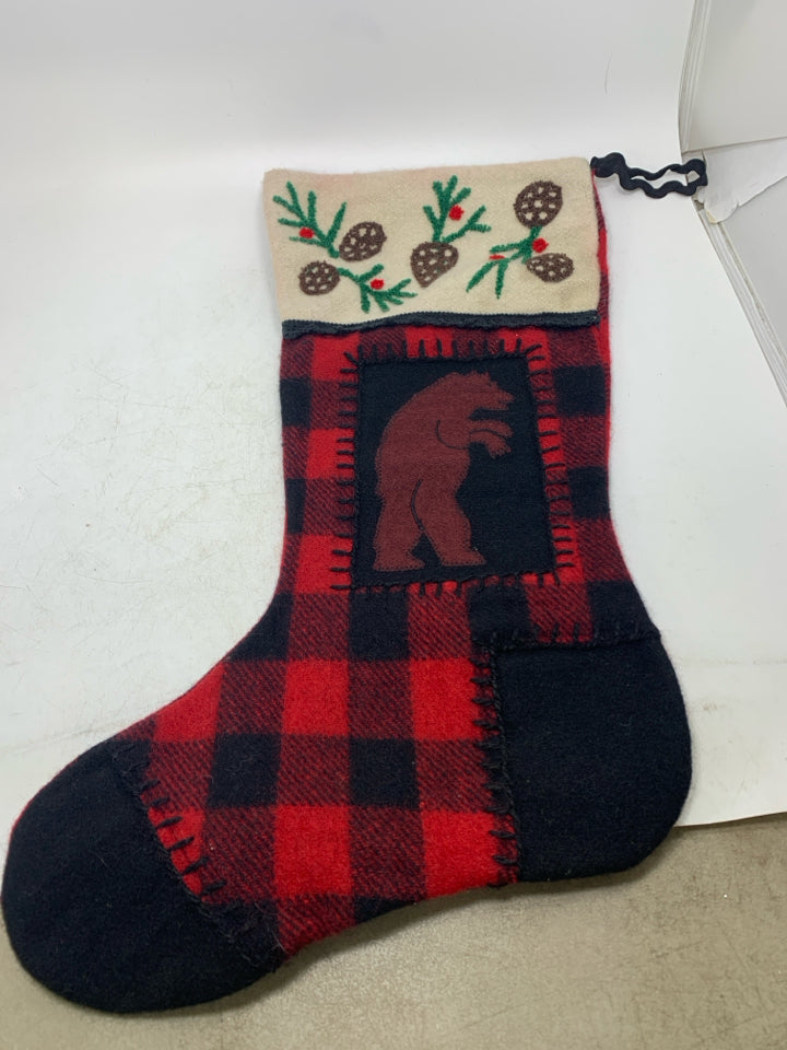 VTG WOOL RED PLAID STOCKING W/ STANDING BROWN BEAR.