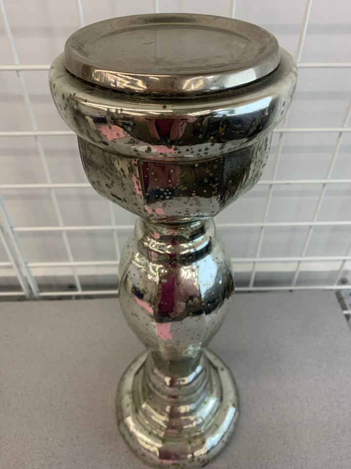 MERCURY GLASS PILLAR CANDLE HOLDER.