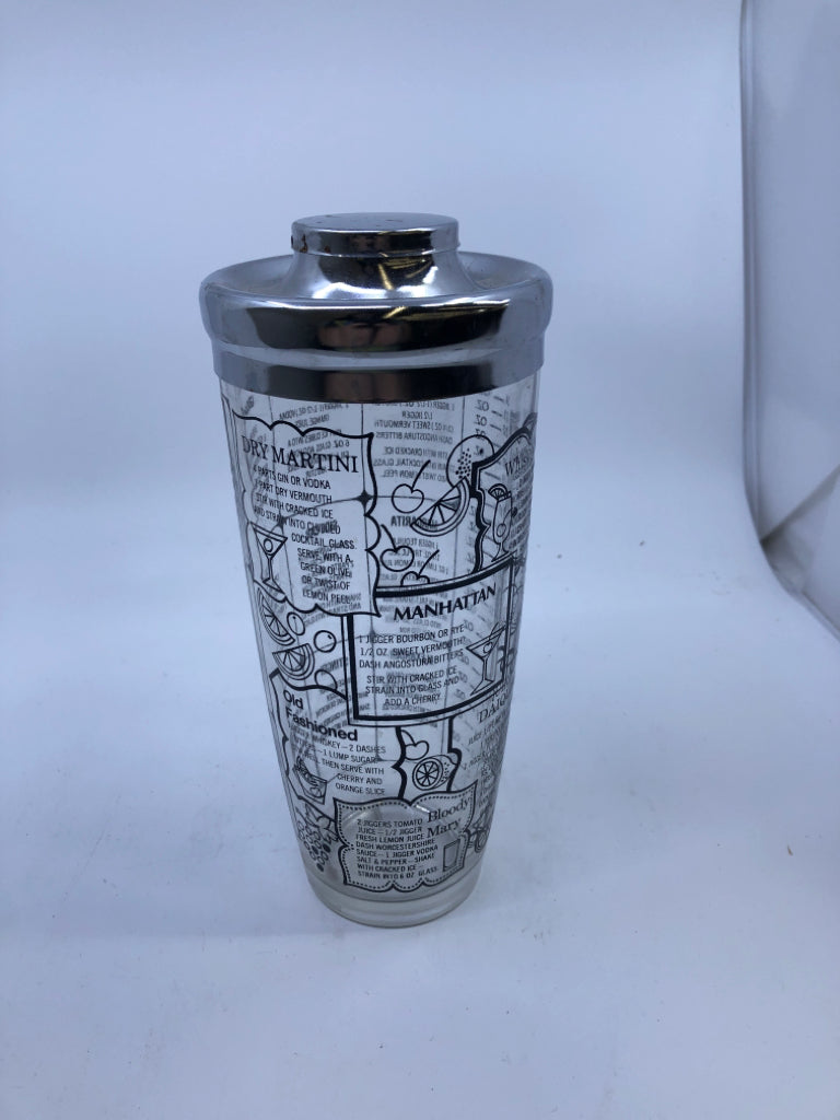 VTG GLASS COCKTAIL SHAKER W RECIPES.
