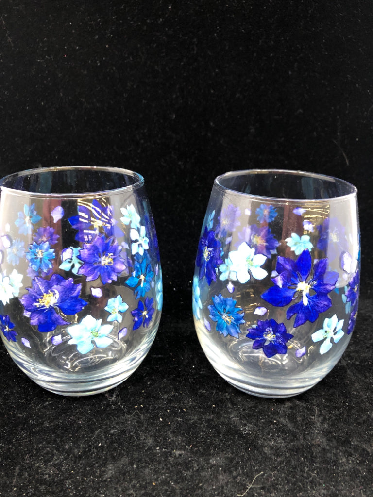 2 STEMLESS PURPLE/BLUE FLOWERS GLASSES.